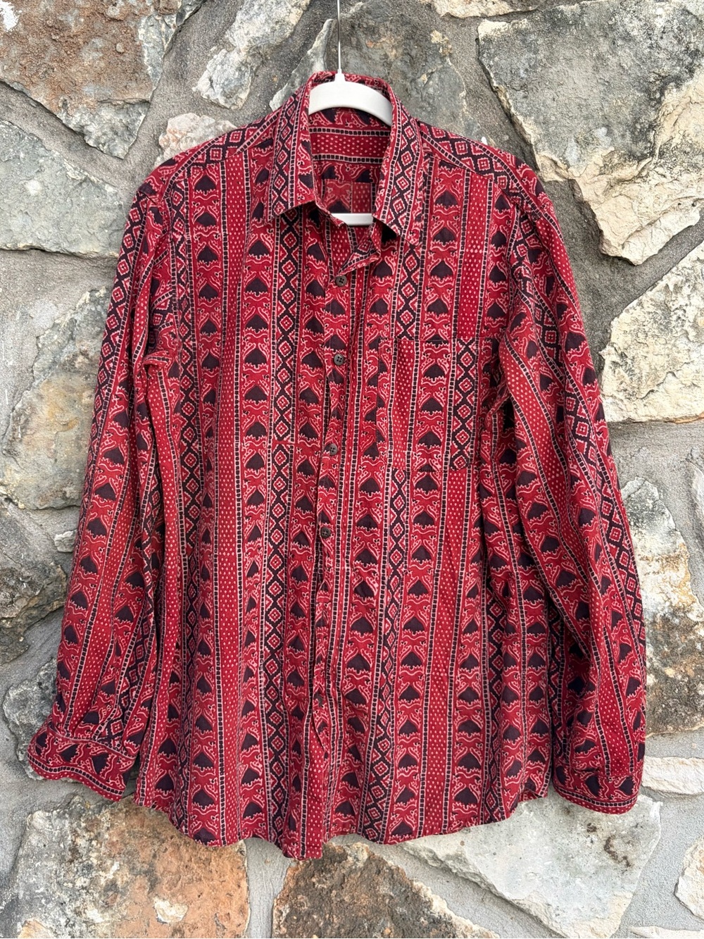 FABINDIA red/black geo print bohemian cotton button down shirt sz 38 MEDIUM